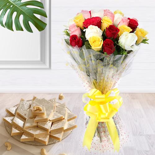 Assorted Roses Hand Bunch with Kaju Barfi