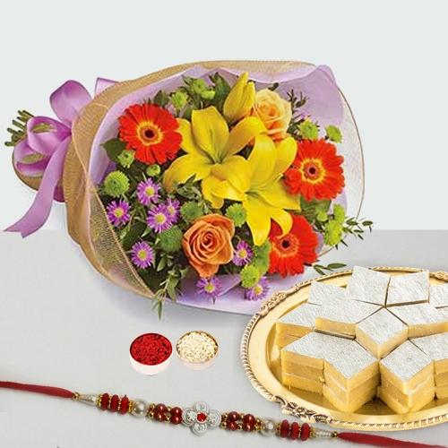 Kaju Katli and Seasonal Flowers Bouquet with Free Rakhi