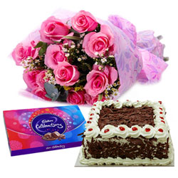 Combo of Cake Pink Rose Arrangement with Cadbury Celebrations