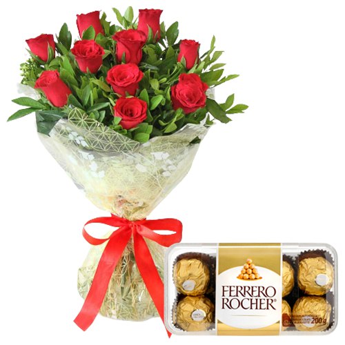 Yummy Ferrero Rocher with Red Roses Bouquet