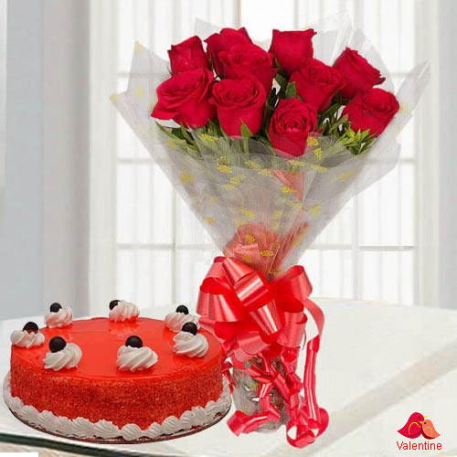 Mouth watering Red Velvet Cake with Beautiful Red Rose Bouquet