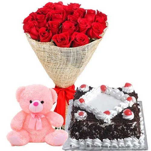 Marvelous Red Rose Bouquet with Black Forest Cake N Teddy