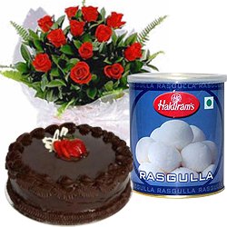 Lovely Red Roses and Rasgulla with Eggless Cake