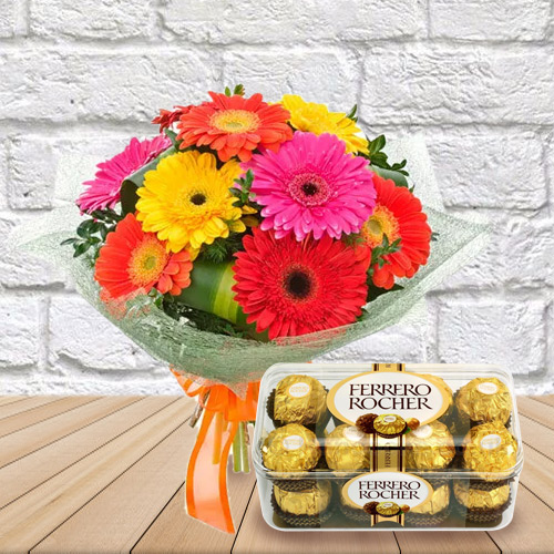 Delicate Mixed Gerberas Bouquet with Ferrero Rocher Chocolates