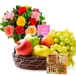 Yummy Assorted Fruits Basket with Dry Fruits N Flowers Arrangement