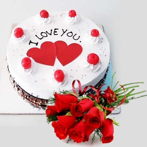 Dazzling Propose Day Gift of Black Forest Cake with Red Roses Bunch