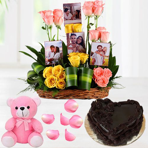 Impressive Roses N Personalized Photo Basket with Love Cake n Cute Teddy