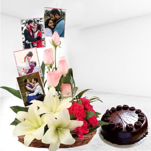 Adorable Mixed Flowers N Personalized Photos Arrangement with Chocolate Cake