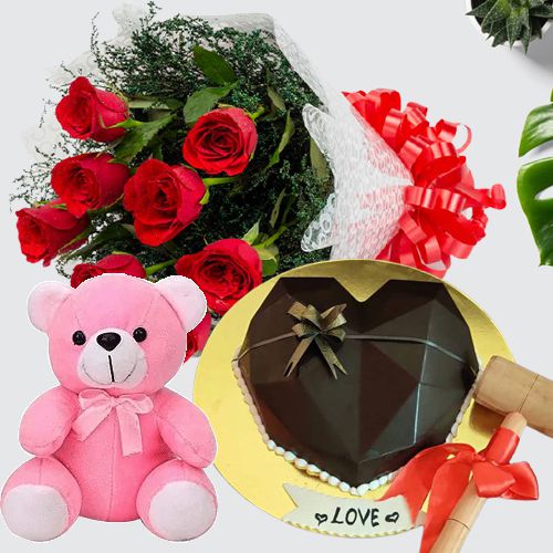 Alluring Red Roses Bouquet Heart Shape Chocolate Pinata Cake n Soft Teddy