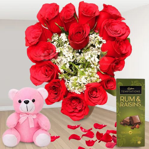 Tempting Heart Shape Arrangement of Red Roses Cadbury Temptation n Cute Teddy