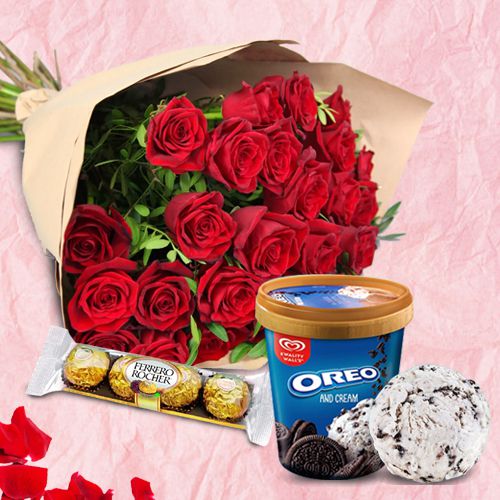 Splendid Red Roses Bouquet with Kwality Walls Oreo Ice Cream and Ferrero Rocher