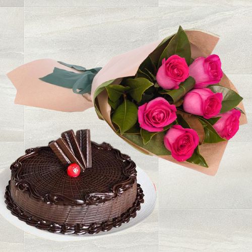 Clad in Pink Roses Bouquet n Chocolate Cake Combo