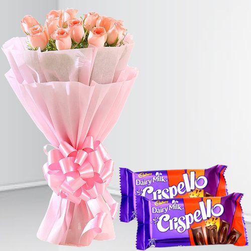 Splendid Pink Roses Bouquet with Cadbury Crispello Choco Bar