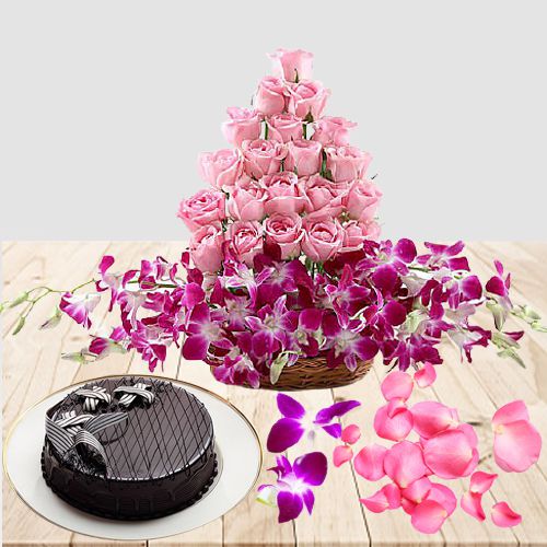 Wonderful Basket of Mixed Flowers with Chocolate Cake