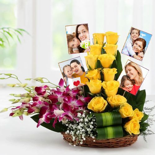 Fresh Orchids n Roses with Personalized Pics in Basket