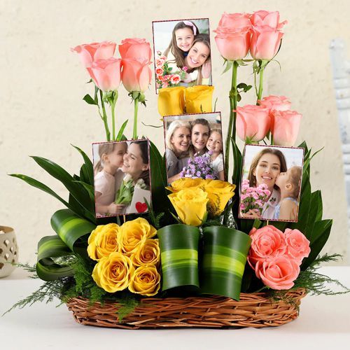 Attractive Pink n Yellow Roses with Personalized Pics in Basket