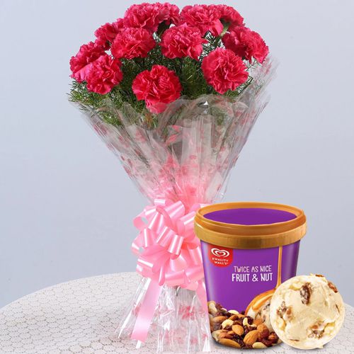 Exquisite Bouquet of Red Carnation with Kwality Walls Fruit n Nut Ice Cream