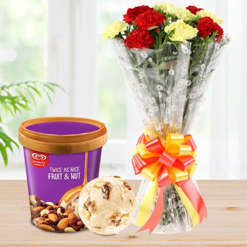 yummy Fruit n Nut Ice-Cream from Kwality Walls with Assorted Carnation Bouquet