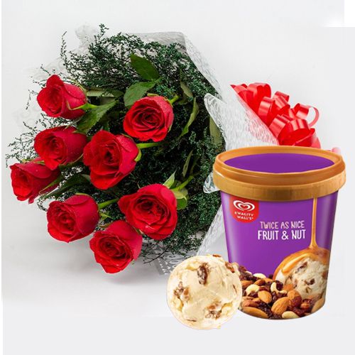 Premium Red Roses Bouquet with Fruit n Nut Ice-Cream from Kwality Walls