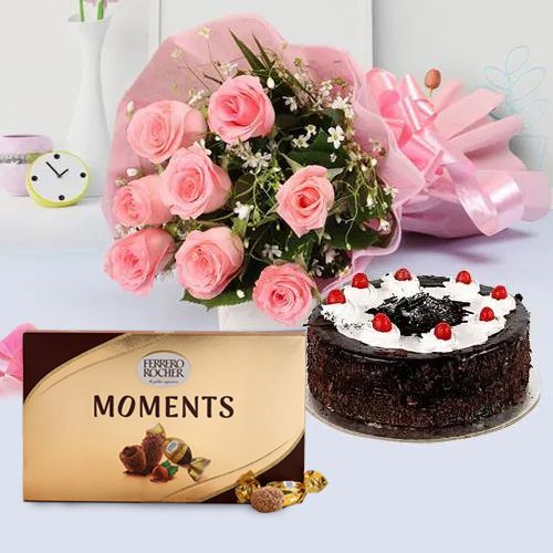 Scrumptious Black Forest Cake with Pink Roses N Ferrero Rocher Moment