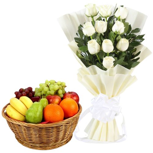 Deeply Missed White Roses Bouquet with Fresh Fruits