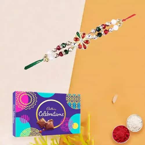 Mouth Watering Gift of Cadburys Celebration Chocolate Pack with Rakhi Roli Tilak and Chawal