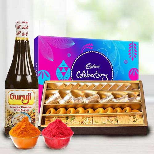 Assorted sweets with Thandai and Cadburys Celebration