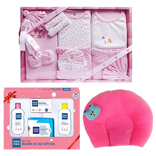 Lovely Pink Dress Set with Neck Supporting Pillow N Mee Mee Gift Kit Combo