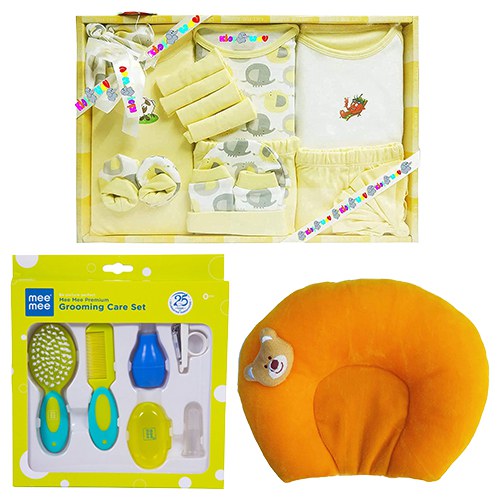 Cute Baby Dress N Grooming Set with Neck Supporting Pillow Combo Gift