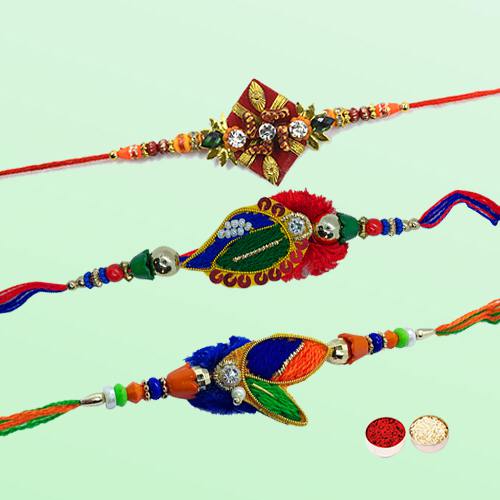 Beautiful Rakhi Special Gift of 3 Diamond Kundan Rakhi with Roli Tilak and Chawal for the Occasion of Raksha Bandhan