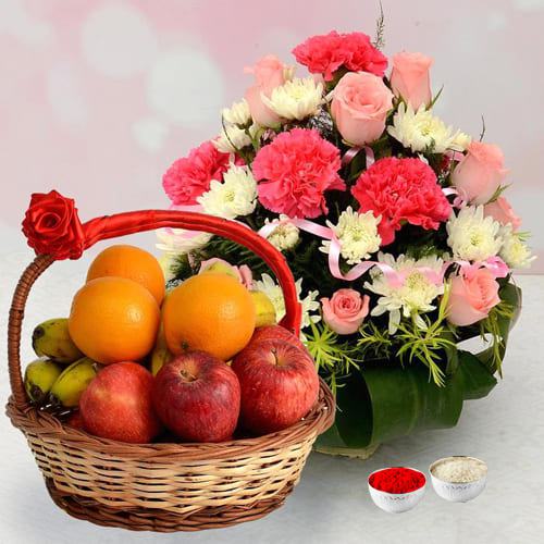 Deluxe Fresh Fruits with Mixed Flowers Basket