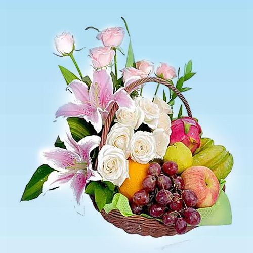 Elegant Fresh Fruits Basket decorated with Lily and Roses