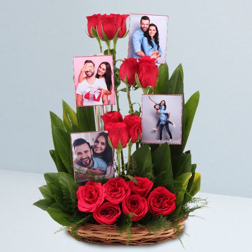 Dazzling Love Basket of Red Roses N Personalized Photos