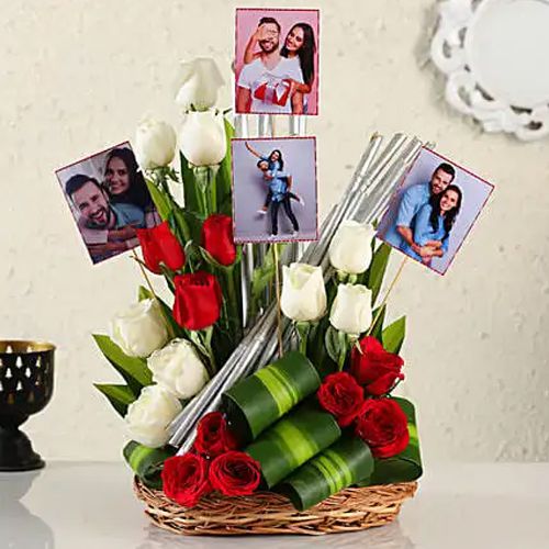 Amazing Choice of Mixed Roses n Personalized Pics Basket