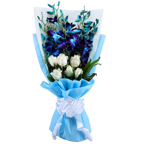 Elegant Blue Orchids N White Roses Tissue Wrapped Bouquet