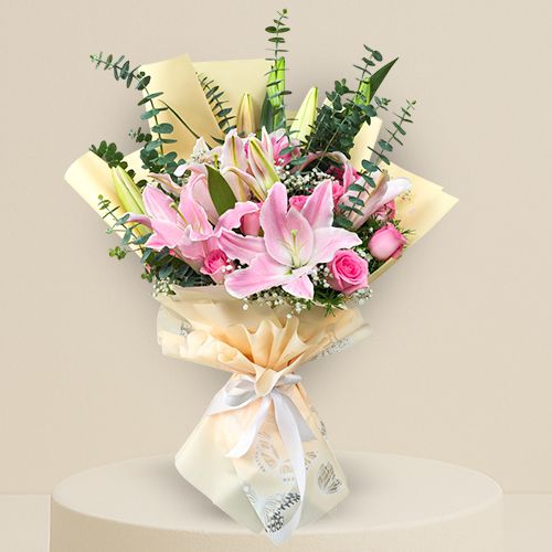 Stunning Pink Roses  N  Lilies Surprise