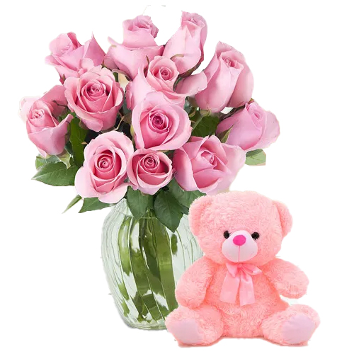 12 Pink Roses in Vase with 6 inch Teddy