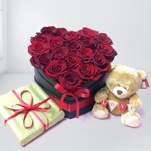 Wonderful Red Roses Heart Shaped Box with Cute Teddy