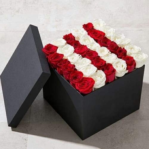 Attractive Square Box of Red n White Roses