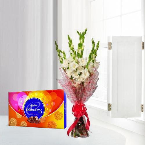 Captivating Gladiolus Bouquet with Cadbury Celebration Pack