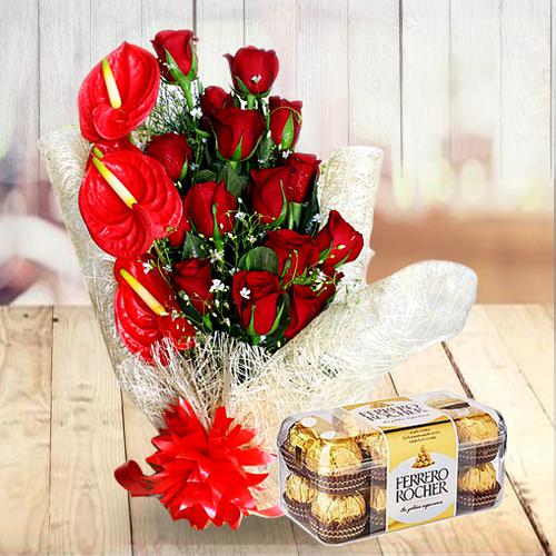 Striking Combo of Red Flowers Bouquet with Ferrero Rocher