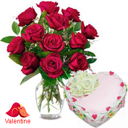 MidNight Delivery ::12 Exclusive  Dutch Red    Roses  in vase and  A Fresh Baked Heart Shaped Cake 1 Lb and  a Cadburys Chocolate.