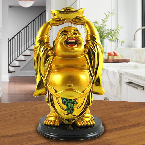 Pleasant Golden Standing Laughing Buddha Holding Ingot