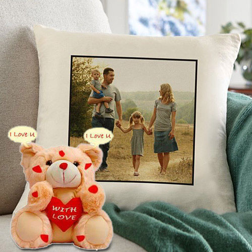 Exclusive Personalized Cushion with an I Love You Singing Teddy