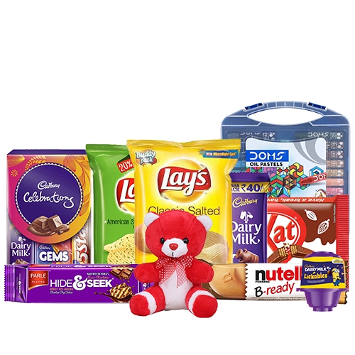 Delectable Assorted Snacks Cone Hamper with Doms Color Set N Teddy