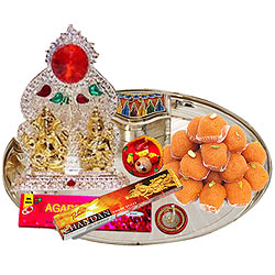 Exquisite Ganesh Lakshmi Idols with Silver Plated Thali and Pure Ghee Ladoo