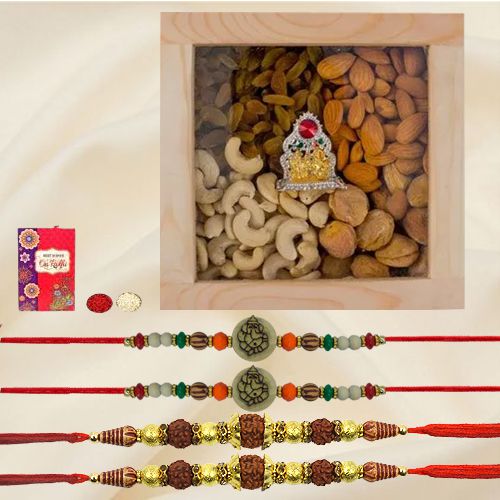 Elegant Ganesh n Rudraksh Rakhi with Dry Fruits Ganesh Laxmi Mandap