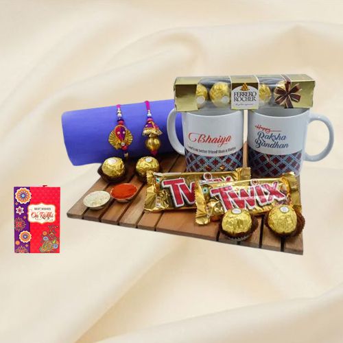 Elegant Zardosi Rakhi Lumba with Bhaiya Bhabhi Coffee Mug N Chocolates