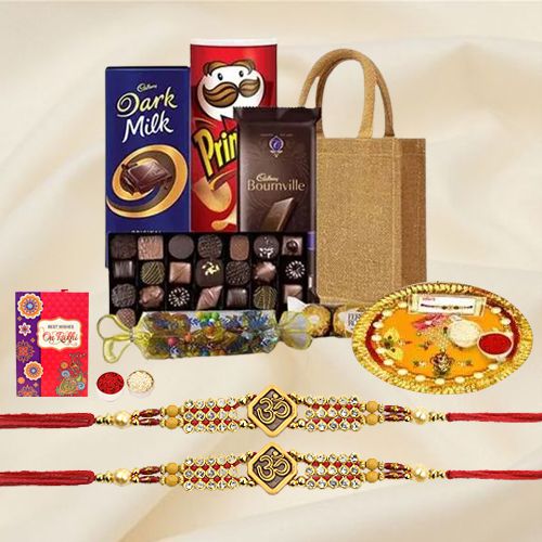 Rakhi Gift Bag of Pooja Thali and 2 pcs Om Rakhi