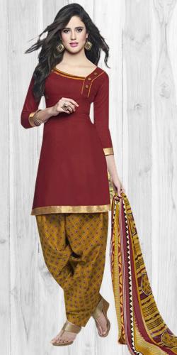 Fashionable Cotton Printed Patiala Suit Shaded in Red and Yellow